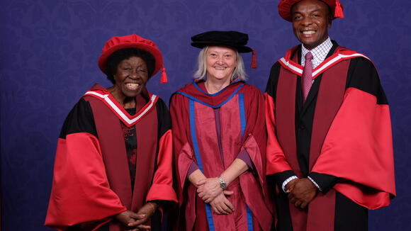 LSTM Director Professor Janet Hemingway with Honorary Degree recipients Dr Letitia Obeng (left) and Professor Victor Mwapasa (right)